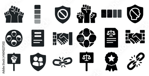 Social justice solid icons set – filled, protest, equality and activism symbols