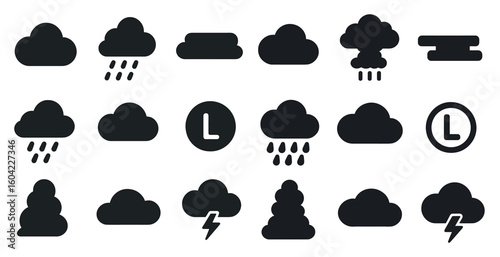 Weather silhouette icons set – cloud, storm, forecast graphic symbols