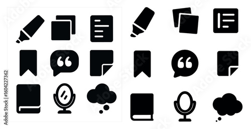 Communication and office solid icons set – filled, silhouette, productivity symbols
