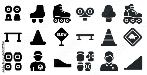 Roller skating solid icons set – filled, silhouette, sport and safety symbols