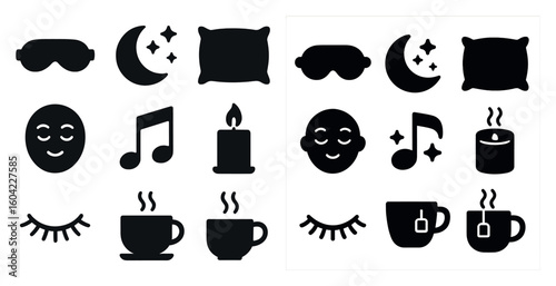 Nighttime relaxation icons set – solid, silhouette, sleep and meditation symbols