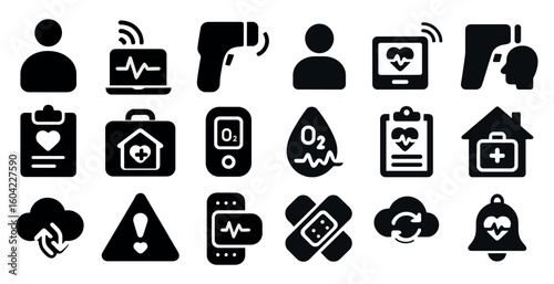 Healthcare and medical solid icons set – silhouette, filled, health symbols collection
