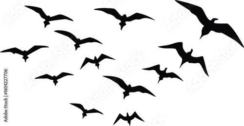 Silhouette Illustration Group of Black Birds Flying in Formation Across a White Sky