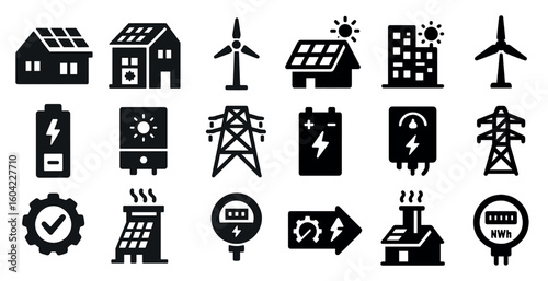 Renewable energy icons set – solid, silhouette, eco and sustainable symbols