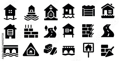 Real estate and construction solid icons set – filled, housing, infrastructure visuals