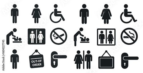 Accessibility and restroom icons set – flat, silhouette, toilet and facility symbols