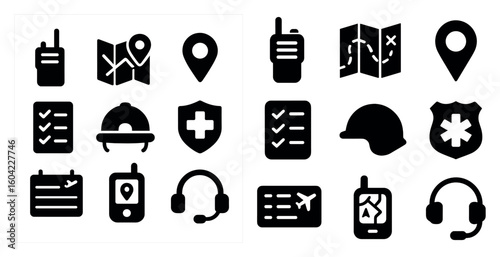 Emergency services silhouette icons set – maps, communication, safety visuals
