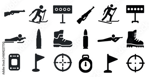 Winter sports silhouette icons set – skiing, biathlon, cold weather symbols