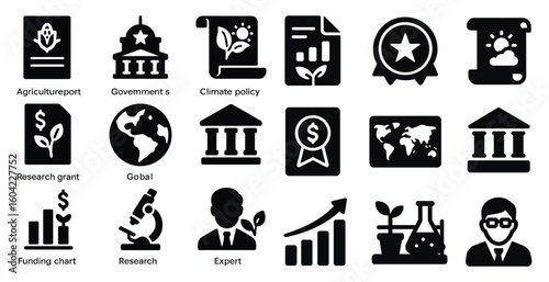 Government and climate policy icons set – solid, filled, research and funding symbols