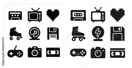 Retro technology solid icons set – vintage gaming, filled devices, electronic symbols