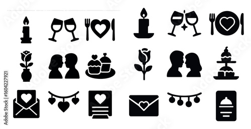 Valentine's day silhouette icons set – love, romance, heart symbols