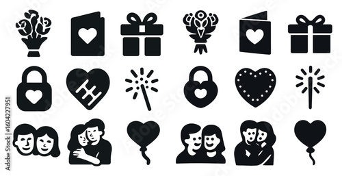 Valentine's day solid icons set – romantic, love, celebration symbols