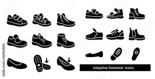 Adaptive footwear silhouette icons set – shoes, sneakers, flat design graphics