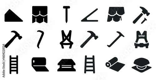 Construction tools solid icons set – filled, building, home renovation essentials