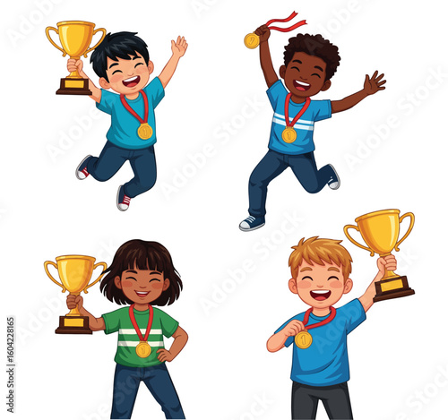 Happy Kids Celebrating Victory with Trophies and Medals – Vector Illustration