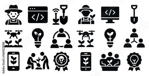 Farming technology icons set – solid, filled, agriculture, innovation symbols