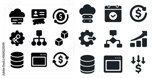 Business and data solid icons set – filled, organization, finance symbols