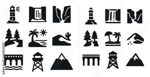 Nature and landmarks solid icons set – filled, silhouette, scenic travel symbols
