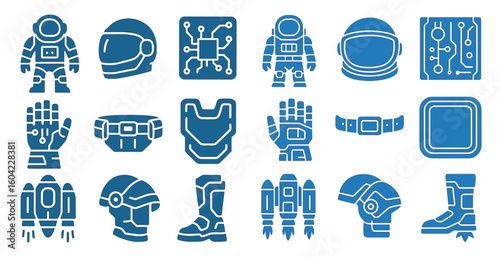 Space exploration solid icons set – filled, robotic and technological symbols