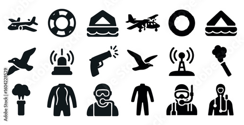 Rescue and survival icons set – solid, silhouette, emergency and safety symbols