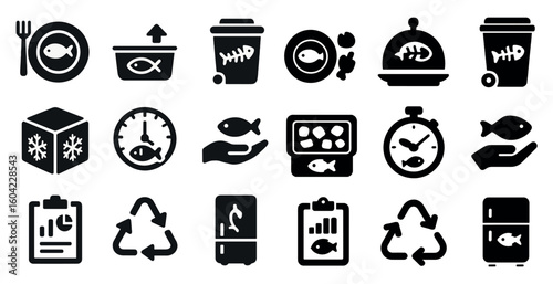 Food waste management icons set – solid, filled, recycling and sustainability symbols