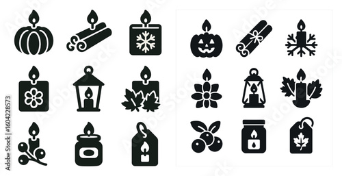 Autumn and candle silhouette icons set – cozy, festive, seasonal designs