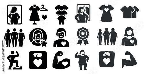 Health and wellness silhouette icons set – fitness, body positivity, exercise symbols