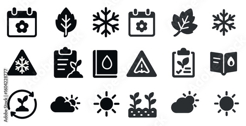 Nature and weather solid icons set – filled, outline, seasonal and eco symbols