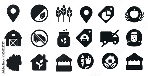 Agriculture and farming solid icons set – filled, barn, crop symbols for design