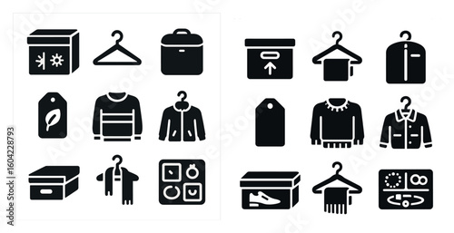 Fashion and clothing solid icons set – flat, filled, wardrobe and apparel symbols