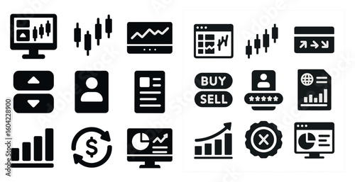 Business and finance solid icons set – filled, flat, trading and economy symbols