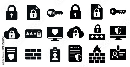 Cybersecurity solid icons set – protection, privacy, vpn and secure symbols