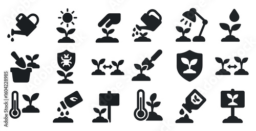 Gardening and plant care solid icons set – filled, silhouette, horticulture symbols