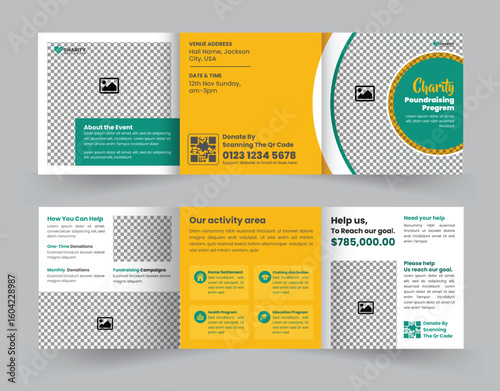 Professional and customizable square tri-fold brochure template designed to promote charity fundraising events, drive donations, and effectively engage supporters for your cause.