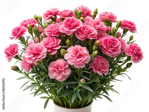 Elegant arrangement of pink carnations in a white vase on white background