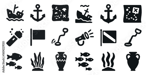 Nautical solid icons set – maritime, sea symbols, underwater adventure designs