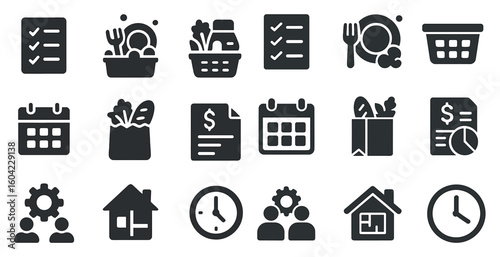 Office management solid icons set – filled, corporate, admin symbols