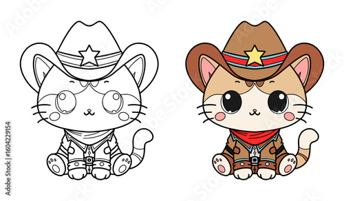 Cute Cowboy Cat Character in Cartoon Style with Color and Coloring Version