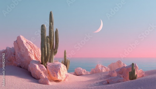 Pastel desert scene with cacti and rocks at sunset