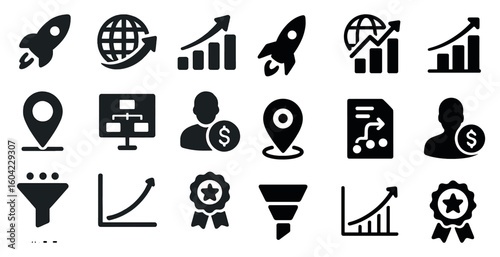 Business and finance solid icons set – growth, trend, data analysis symbols