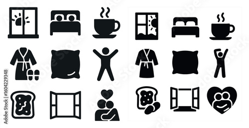 Home and comfort silhouette icons set – cozy, filled, domestic essentials