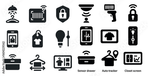 Smart wardrobe solid icons set – home automation, clothing, digital closet symbols