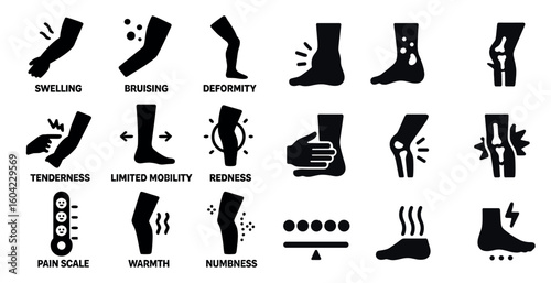 Medical condition silhouette icons set – joint, pain, health symbols