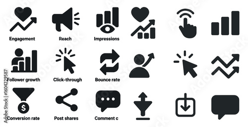 Social media analytics icons set – solid, filled, engagement and growth symbols