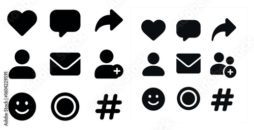 Communication solid icons set - black, filled, messaging and contact symbols