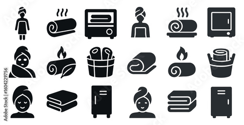 Spa relaxation solid icons set – filled, wellness, and beauty symbols
