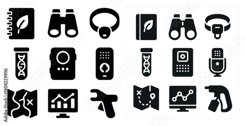 Tech and science silhouette icons set – flat, filled, digital and innovation symbols