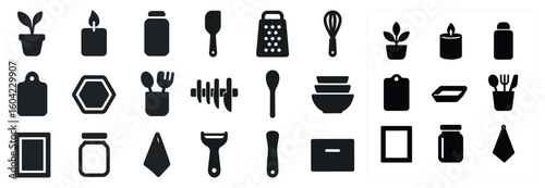 Home and kitchen solid icons set – filled, silhouette, cooking and utensils graphics