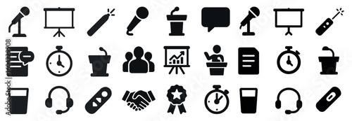 Presentation tools solid icons set – filled, professional, conference symbols