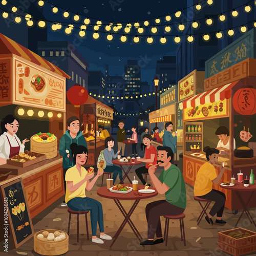 Animated illustration of a bustling night market scene, showcasing diverse food stalls and people enjoying meals.